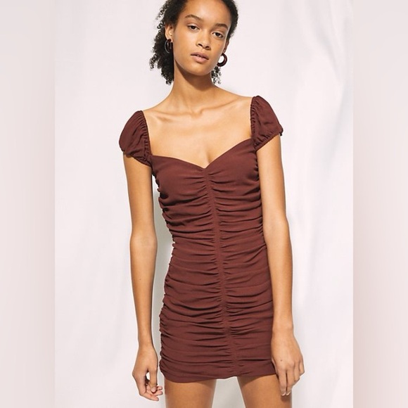 Wilfred Aritzia Brown Veda Ruched Off Shoulder Zip Up Bodycon Contour Mini Dress - Picture 15 of 17